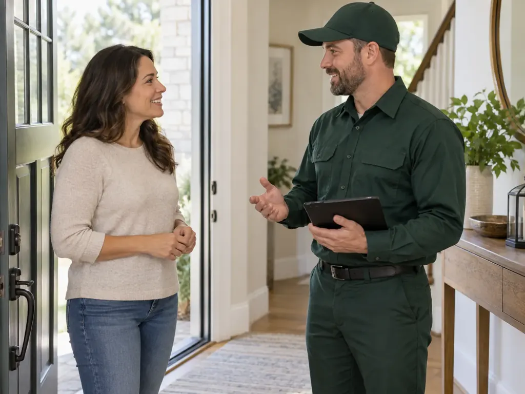 Homeowner speaking comfortably with a Safe Place technician during a follow-up visit