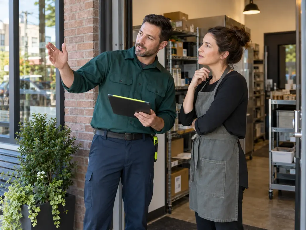 Pest control technician reviewing a service plan with a Chicagoland small-business property manager