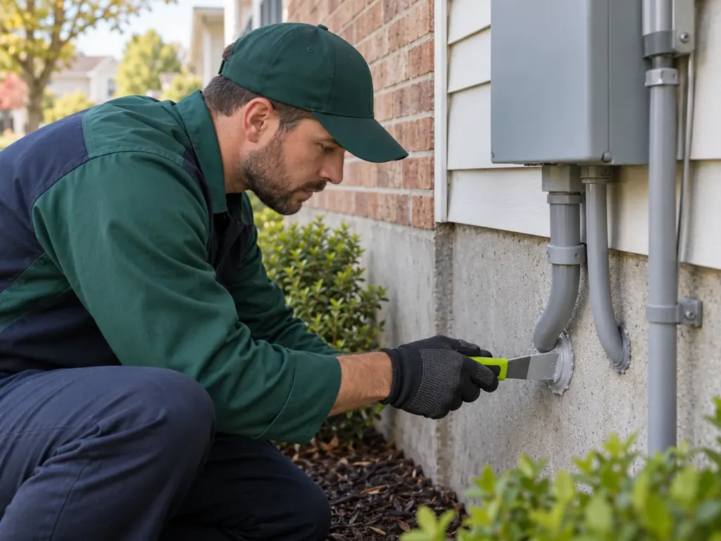 Pest control technician assessing an exterior utility opening on a Midwest home